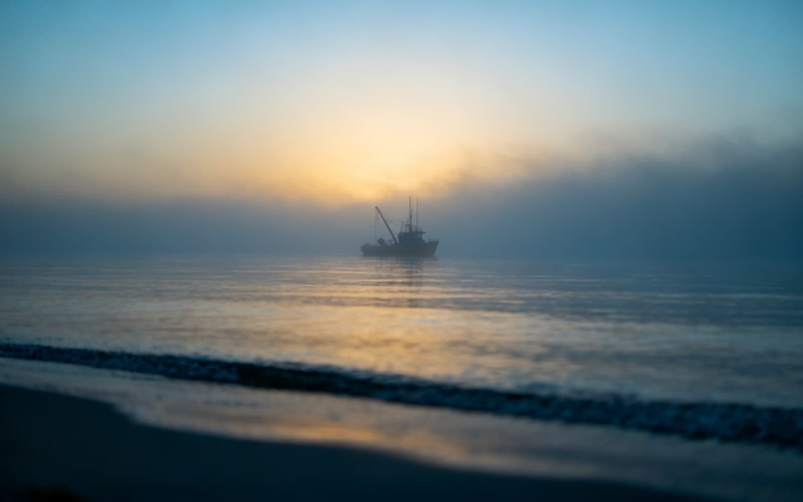 A misty Gulf dawn with an oyster boat, where the farmed oysters grow